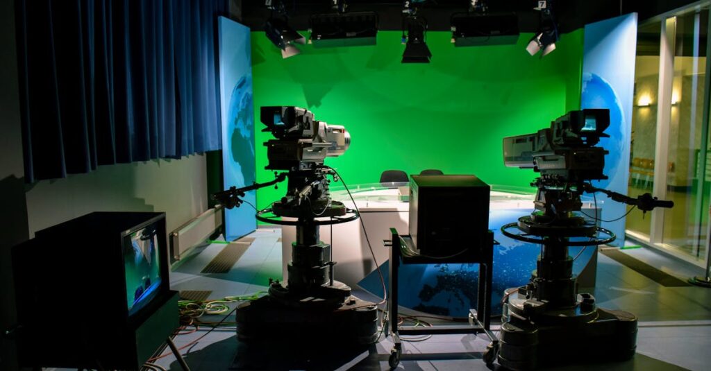A television production studio set with professional lighting and camera equipment