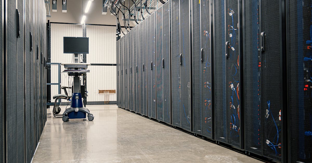 Data center with rows of server equipment and storage systems powering AI infrastructure