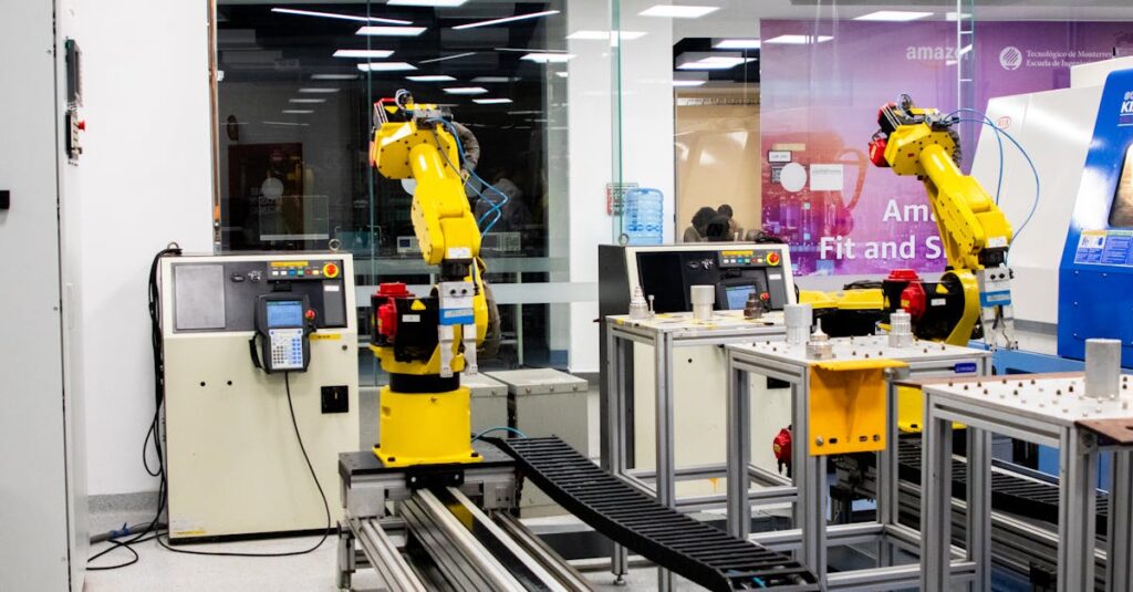 Automated warehouse with robotic systems handling packages and inventory management