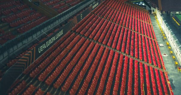Racing Genk trio Zakaria El Ouahdi, Yaimar Medina and Matte Smets during Europa League game with scouts in stands