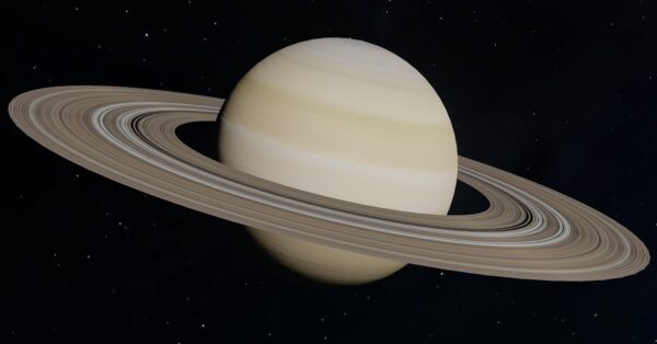 Illustration showing two moons colliding near Saturn to form Titan and its rings