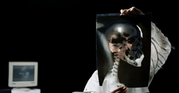 Close-up of a Neanderthal skull fossil being examined in a scientific laboratory setting
