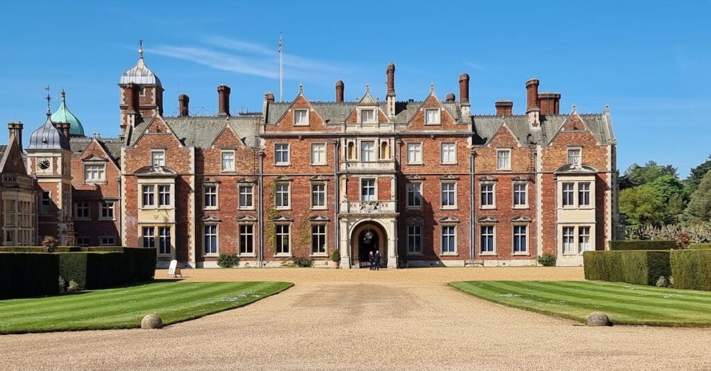 Police vehicles outside Wood Farm on Sandringham estate in Norfolk, England